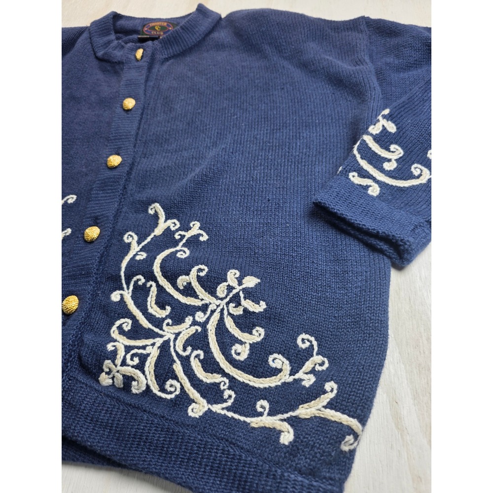 Charter Club Vintage Navy Blue Hand Embroidered Cardigan Sweater Gold Buttons S - Picture 3 of 6